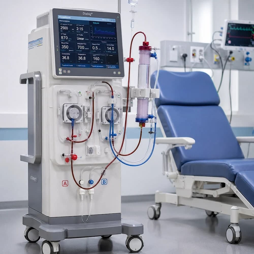 A hemodialysis machine with blood lines and a dialyzer, beside a treatment chair