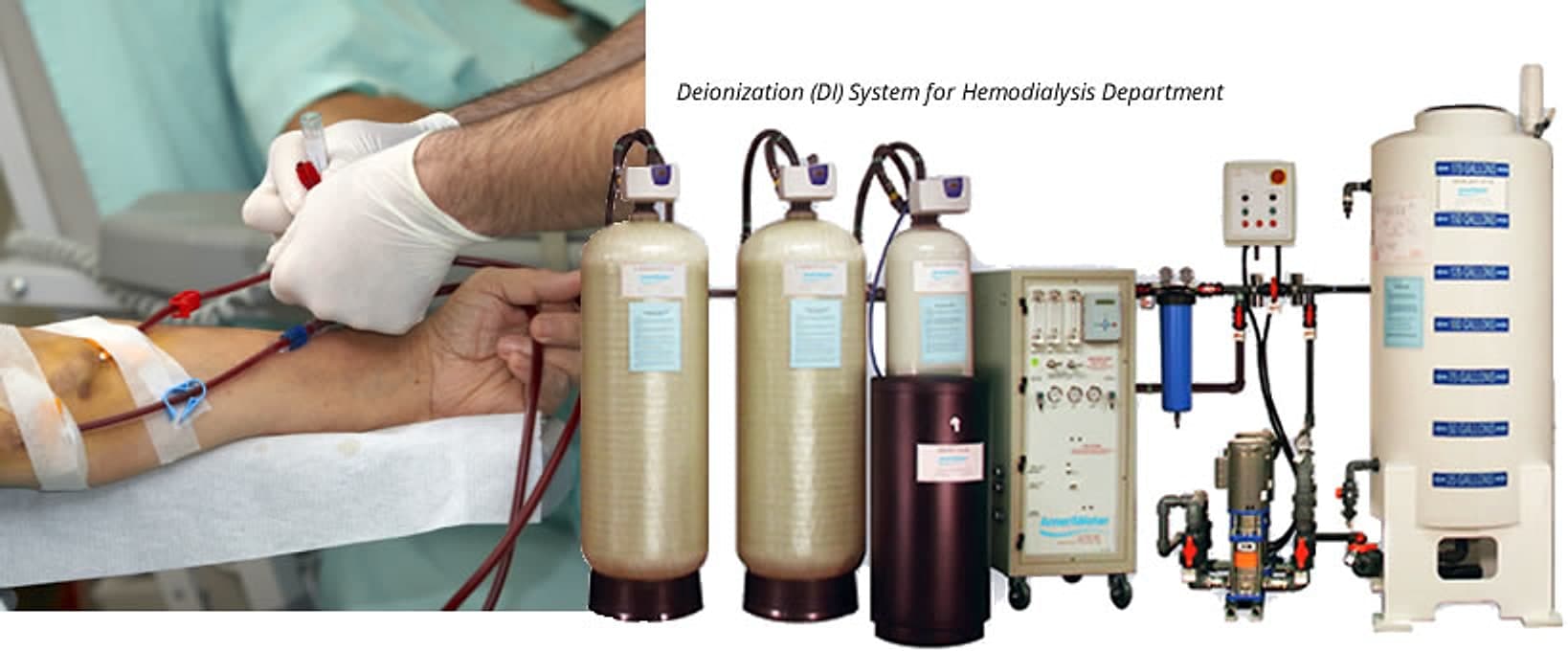 A deionization water treatment system for a hemodialysis department, next to a patient connected to blood lines